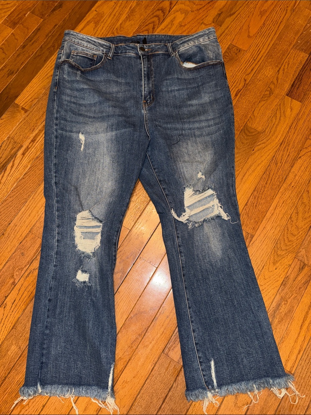 RISEN Jeans Women's Distressed Dark Blue Wide Leg  with Frayed Hem GUC -Size 2X